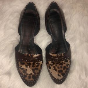 Brown Theory flats with leopard print pony hair